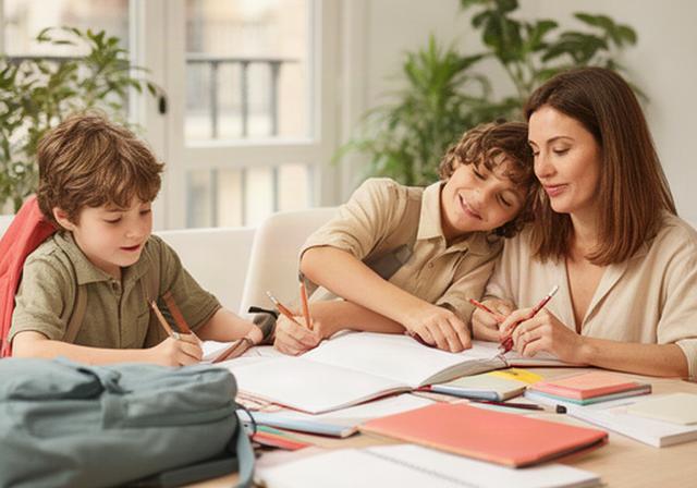 Madre y dos niños estudiando juntos en una mesa luminosa de un hogar de Barcelona